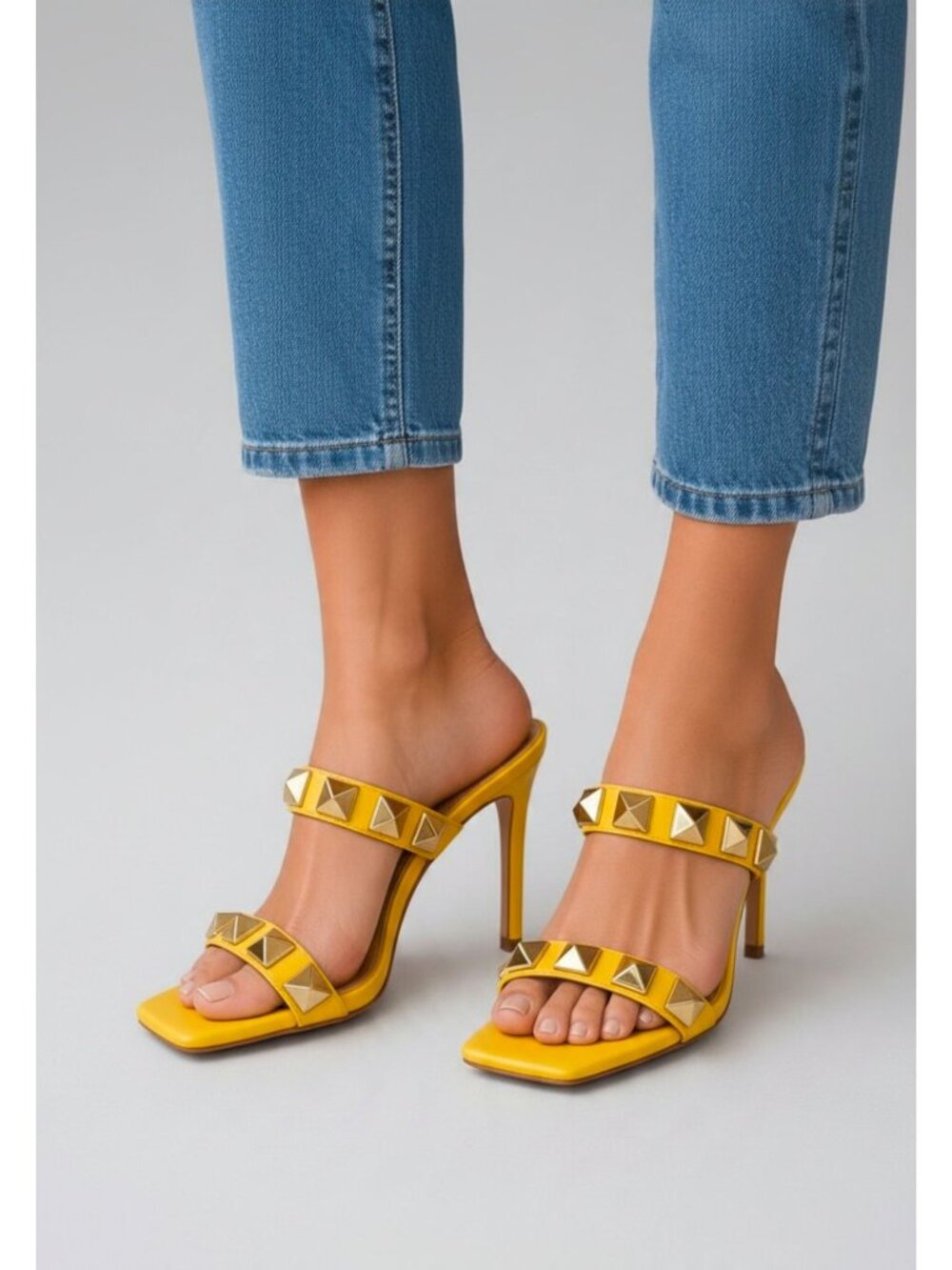 Yellow Gold Studded Double Strap Square Toe Stiletto Heel Mule Sandals